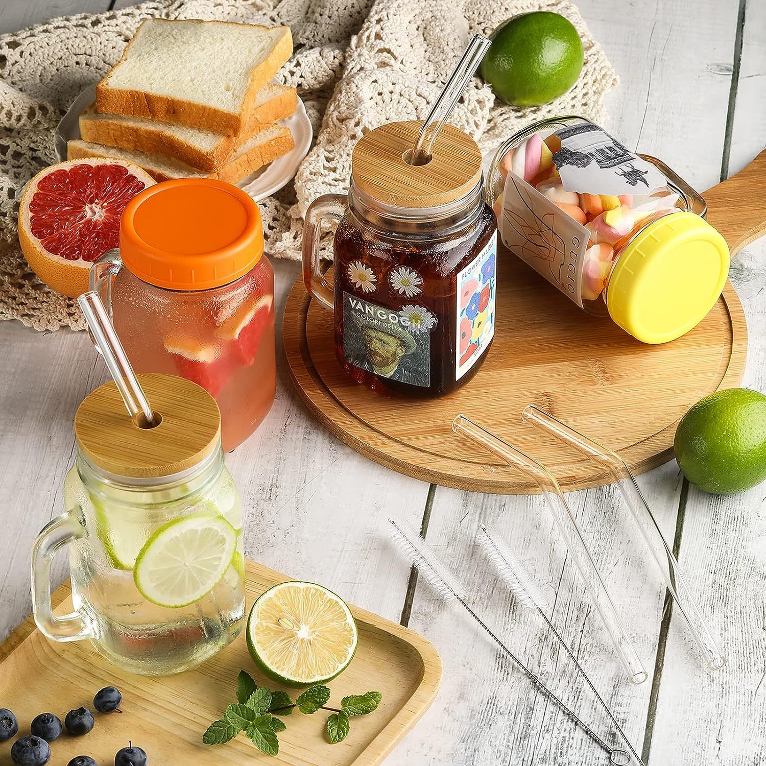 Transfronterizo Mason mango botella de bebida de vidrio jugo leche taza de té de almacenamiento de tuerca mango transparente Copa fábrica al por mayor