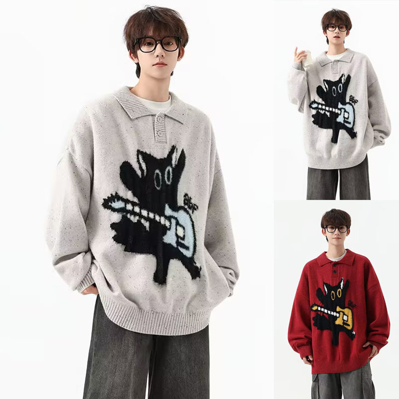Polo Shirt Lapel Knitwear Rock Guitar High-End Lazy High-End Autumn and Winter Knitwear Export Cross-Border Wholesale