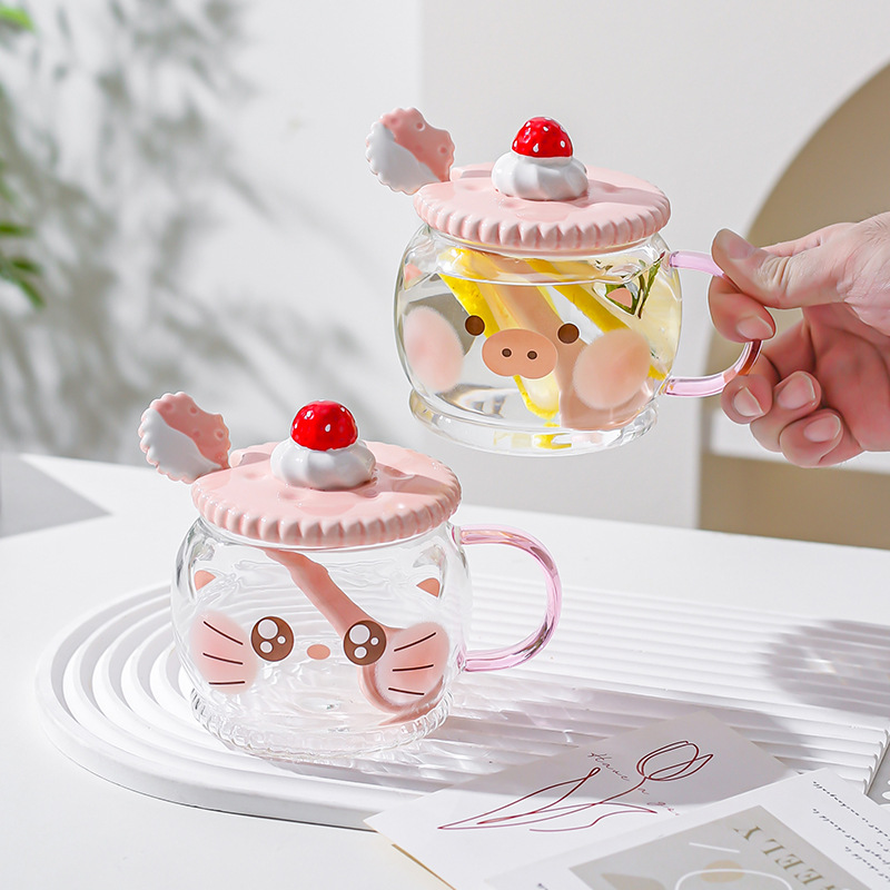 Creativo lindo alto borosilicato vidrio taza rosa corazón de la chica regalar taza de agua con cuchara de cerdo taza de gato