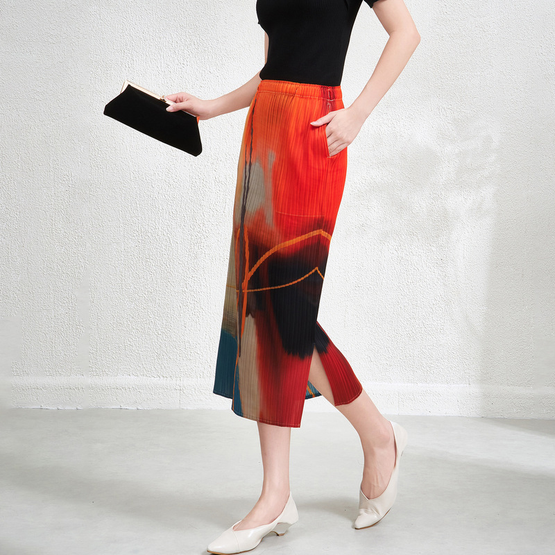 Miyake Skirt Summer Niche Pleated Skirt Women's Design High-Waisted Retro Print Slimming Look Hip-Hugging Slit Skirt Miyake Skirt Summer Niche Pleated Skirt Women's Design High-Waisted Retro Print Slimming Look Hip-Hugging Slit Skirt
