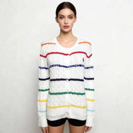 2025秋冬新款小马标彩虹条纹长袖针织开衫麻花上衣女