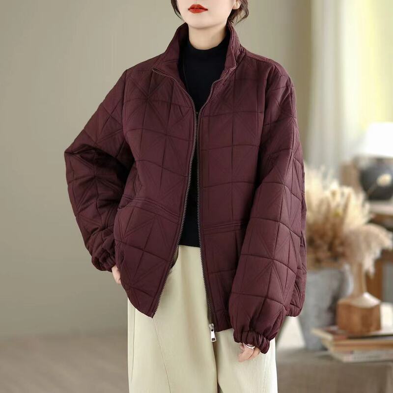 夹棉压格棉衣 2025秋冬季新款 时尚纯色立领宽松棉服外套女61076|undefined