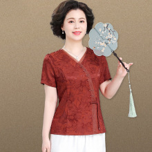 妈妈端庄大气短袖国风小衫阔太太夏装套装小个子中年妇女提花上衣