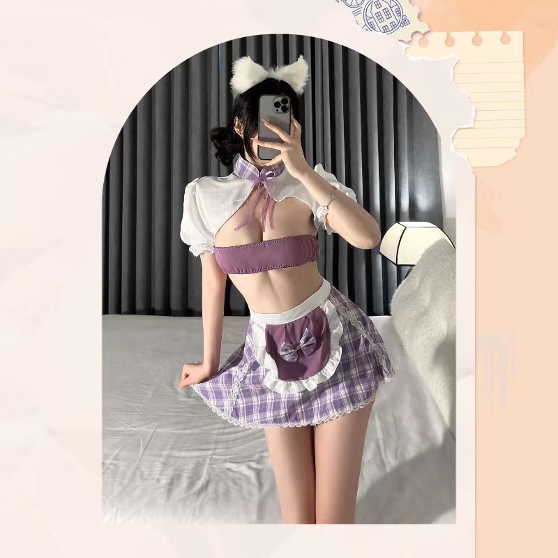 Maid Roleplay Lingerie Set with Apron, Purple Dress, Stockings and Ears — detail image 2