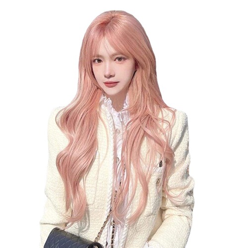 Starway Internet celebrity grapefruit pink long curly hair anchor girl group European and American wig female long hair cool color full headgear style