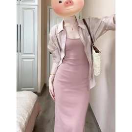 法式高级感气质防晒衬衫粉色吊带连衣裙女夏装显瘦两件套御姐裙子