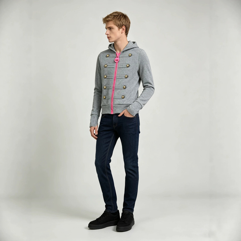 American court style color-blocked pink zip-up jacket with double row metal buttons and open-toe design, featuring a hooded sweatshirt style American court style color-blocked pink zip-up jacket with double row metal buttons and open-toe design, featuring a hooded sweatshirt style