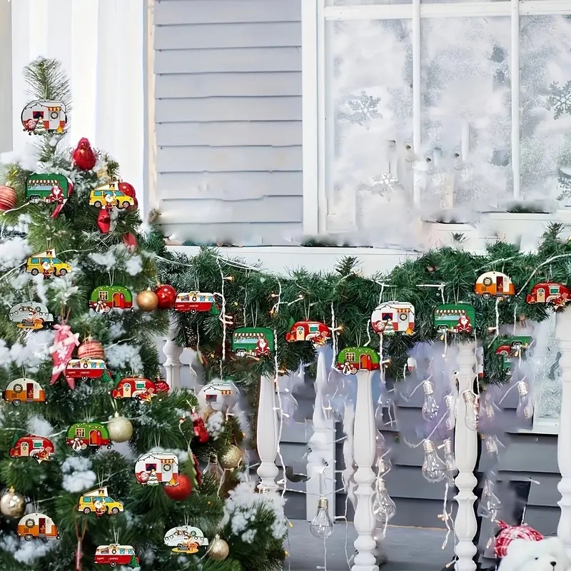Decoraciones de Navidad feliz campista caravana árbol de Navidad de madera decoración Santa caravana remolque colgante
