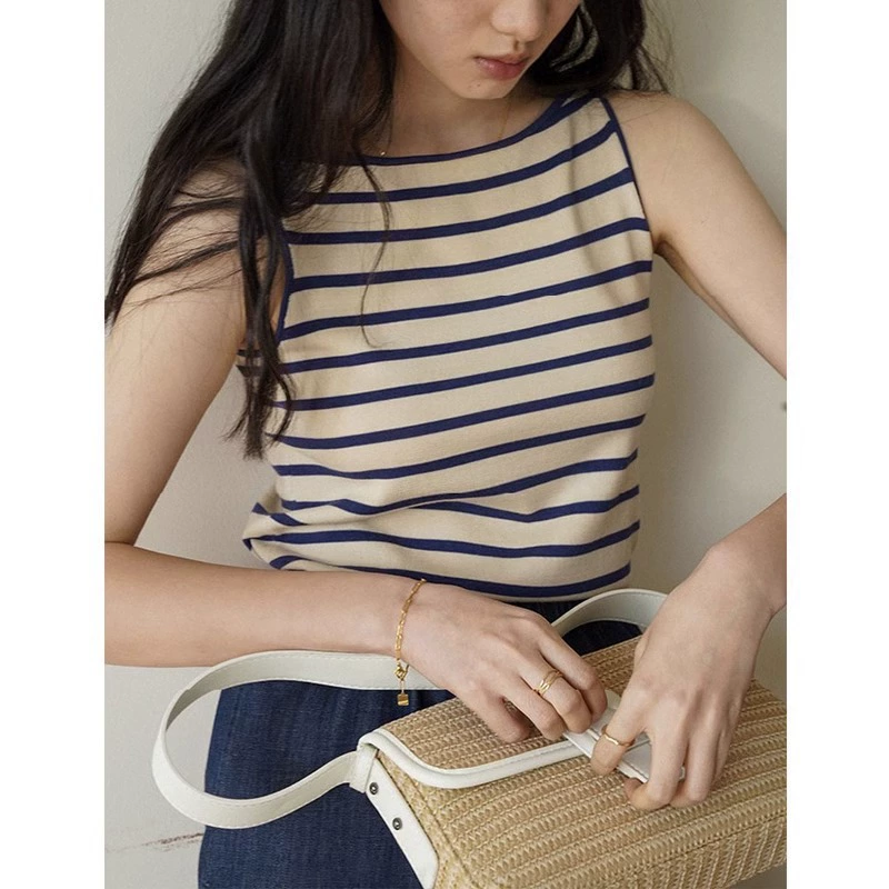 Летний тонкий топ-камзол без рукавов из тонкой льняной ткани в французском ретро-стиле с полосками для женщин, утягивающий внутренний слой