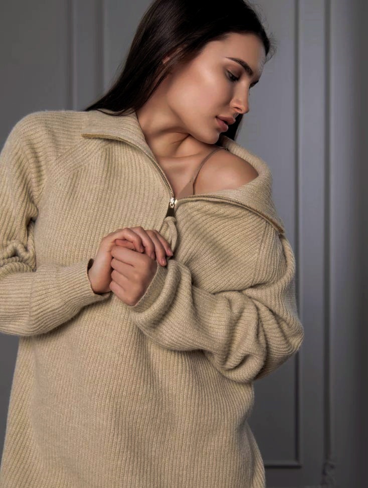 Lockerer, übergroßer Strickpullover mit halblangem Revers und kontrastierendem Streifenmuster für Damen_voghion.com