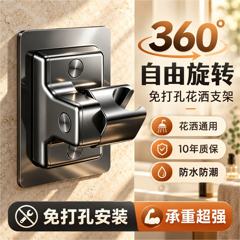 No-Drill Shower Head Holder Bathroom Fixture Adjustable Multi-Level Shower Base Universal Hook