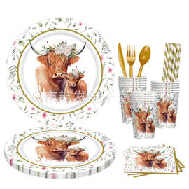 新款复古花卉高地牛主题生日派对装饰婴儿沐浴纸巾纸盘餐具套装