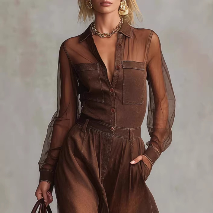 Retro Brown Cotton Maxi Dress With Button V Neck Long Sleeve Organza Stitched For Women European And American Style Independent Website_ecoleips.com