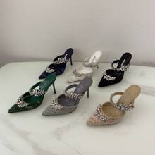 欧洲站MB新款尖头一字拖水钻高跟鞋女细跟包头半拖鞋百搭宴会鞋