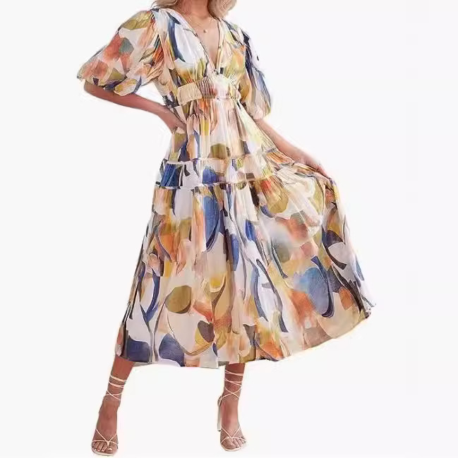 Amazon 2023 Women's Bohemian Floral Midi Dress Pleated Beach Floating Dress