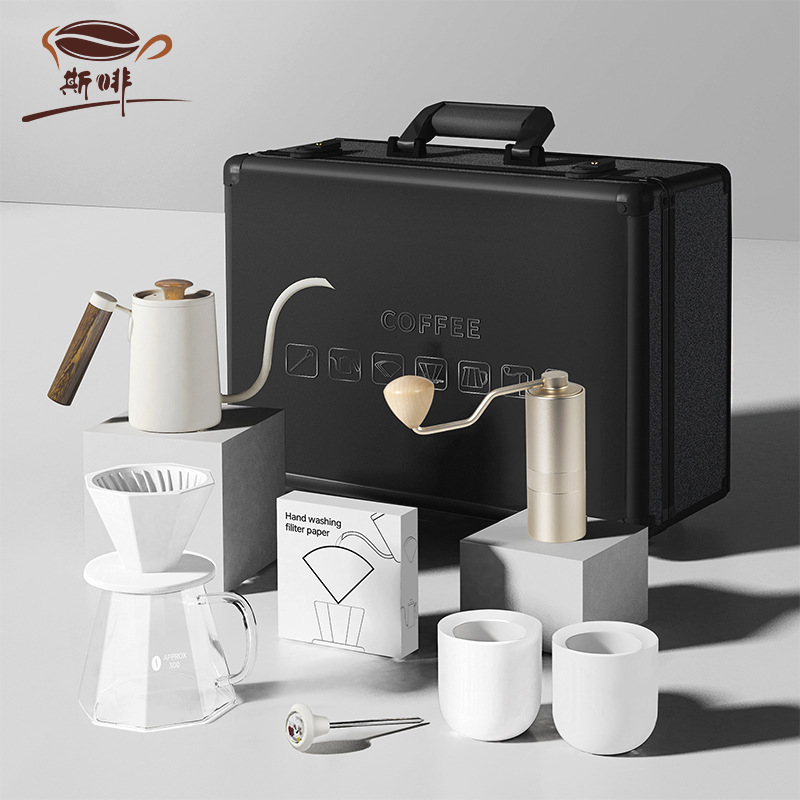 Sfei-caja de aluminio portátil para viajes al aire libre, molinillo de café, olla para preparar café a mano, filtro de goteo para acampar, juego de café para preparar a mano, caja de regalo
