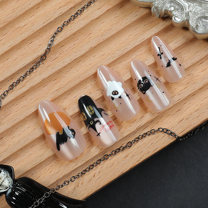 24 Pieces of Halloween New Painted Cat Crow Dark Cross Wearable Nail Boutique Almond Type Manicure Wholesale