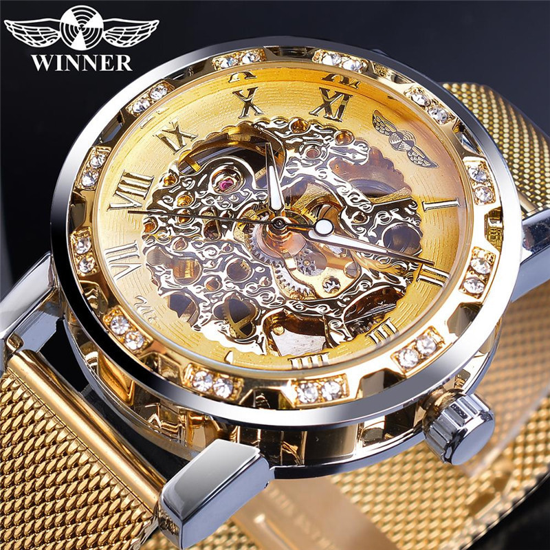 Men's Skeleton Mechanical Watch With Rhinestone Mesh Strap_voghion.com