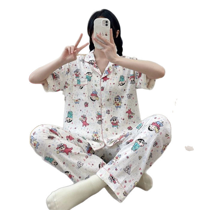 Pijamas transfronterizos al por mayor para mujer nube algodón otoño verano rebeca solapa pantalones de manga corta traje de servicio a domicilio simple y cómodo