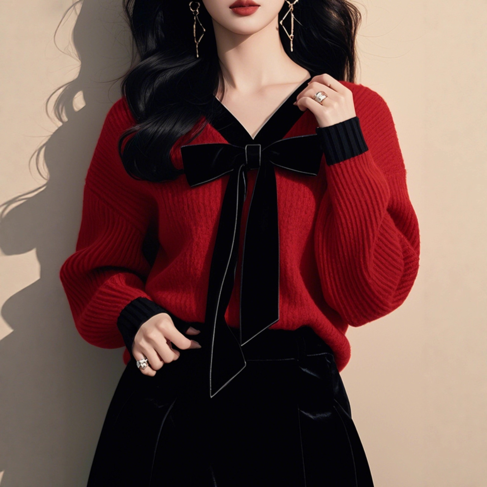 撞色蝴蝶结红色v领毛衣女秋冬跨境新款高级感气质内搭长袖针织衫