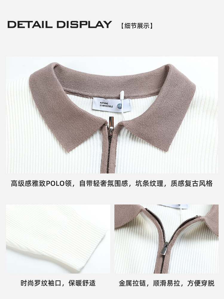 Cross-border hombre otoño invierno medio cremallera suéter de solapa hombre de negocios ocio rayas contraste polo suéter de punto