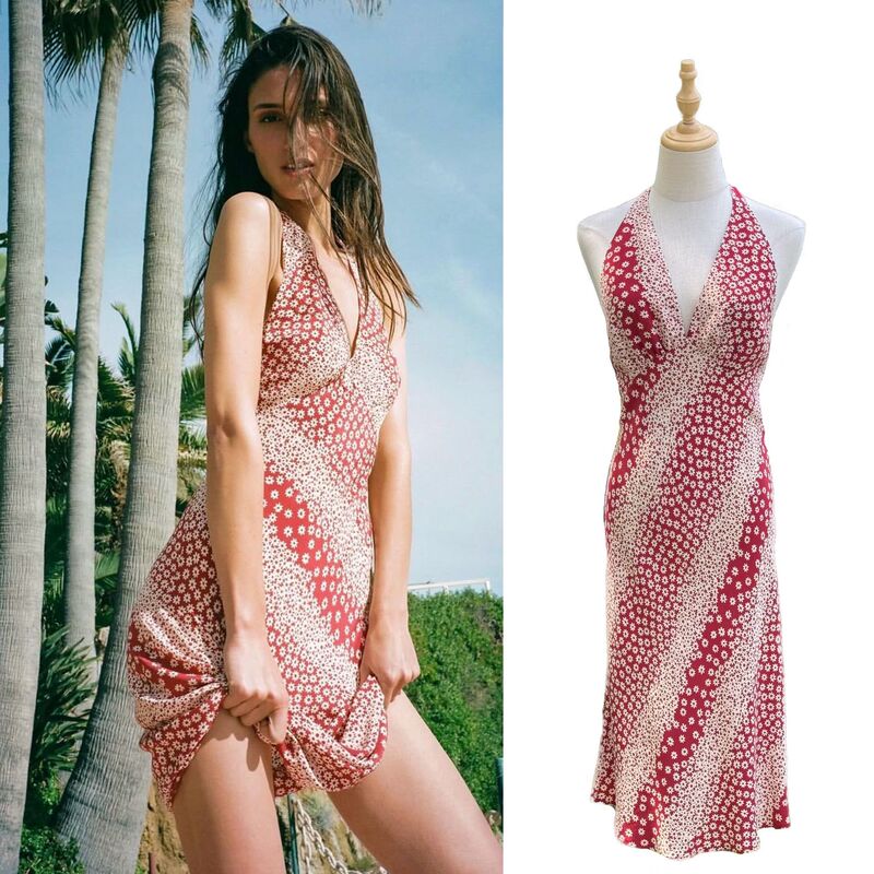 Red Wall Flower Shadow·Midsummer Dream Red Background Daisy Print Sand-Washed Silk Halter Neck Dress