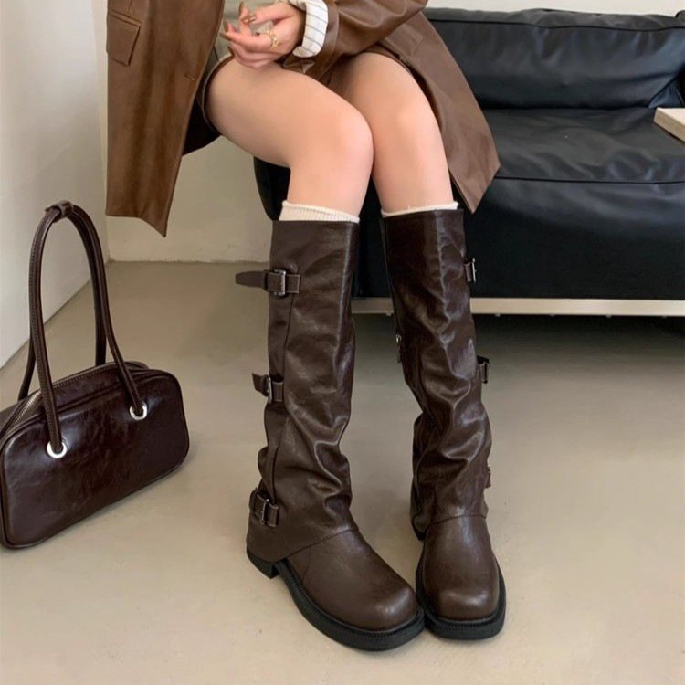 骑士靴皮带扣百搭牛仔厚底新款堆堆靴女感2025裤管秋冬长筒靴|undefined