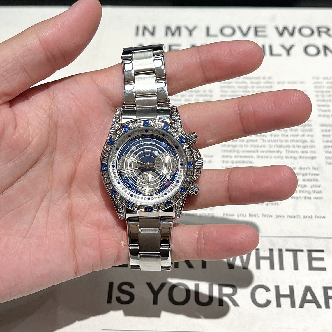 2025 New Model Sun, Moon, and Stars Six-Hand Luminous Seconds Dial Men's Watch Steel Strap Foreign Trade Live Popular Dropshipping