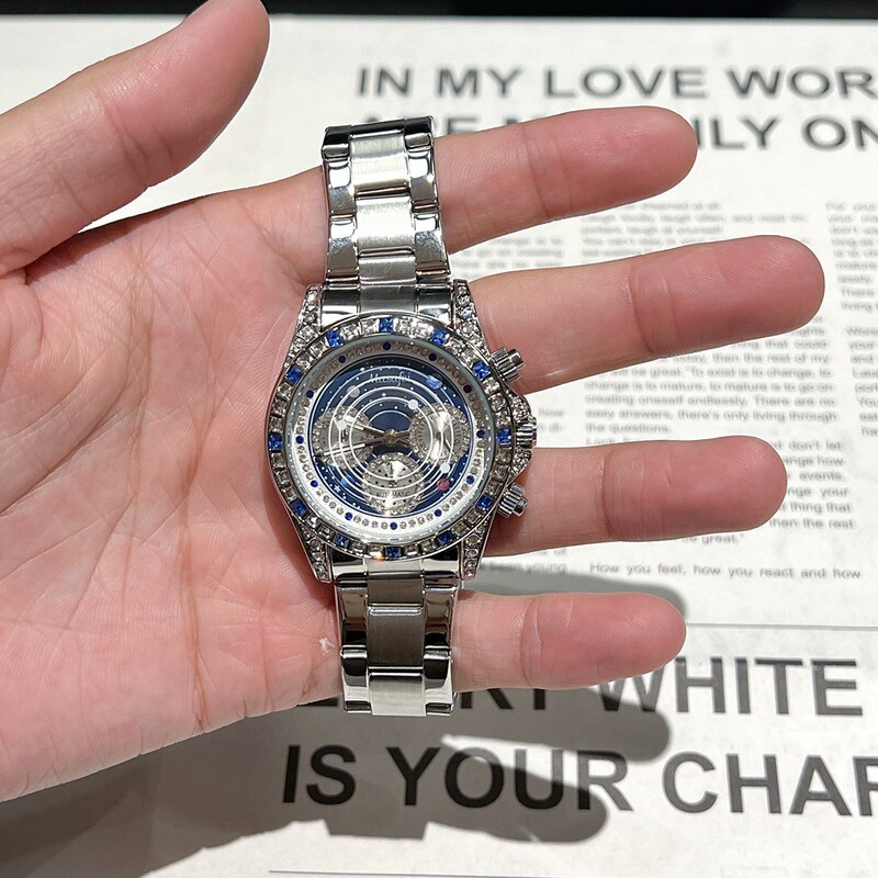 2025 New Model Sun, Moon, and Stars Six-Hand Luminous Seconds Dial Men's Watch Steel Strap Foreign Trade Live Popular Dropshipping