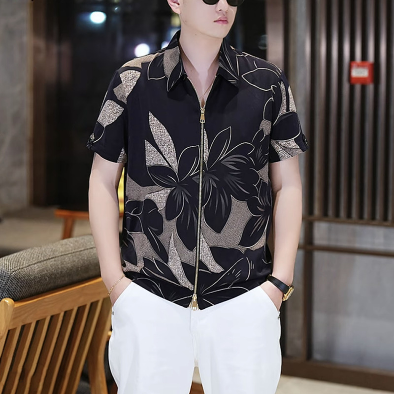 2026 New Summer Style Men's Cuban Collar Zipper Short-Sleeved Shirt Retro Floral Print Casual Ice Silk Shirt
