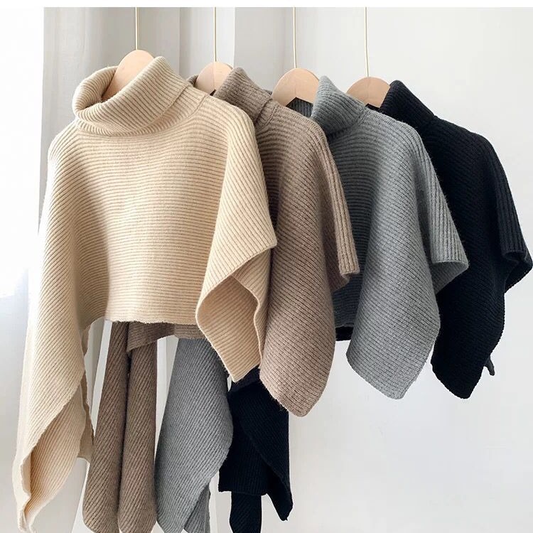 European and American Autumn and Winter Sweater Shawl High Collar Asymmetrical Cloak Warm Thickeneded Coat Knitted Scarf Korean Fashion Trend