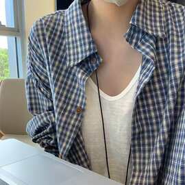 蓝色格子长袖衬衫女春季慵懒风衬衣外套宽松显瘦上衣
