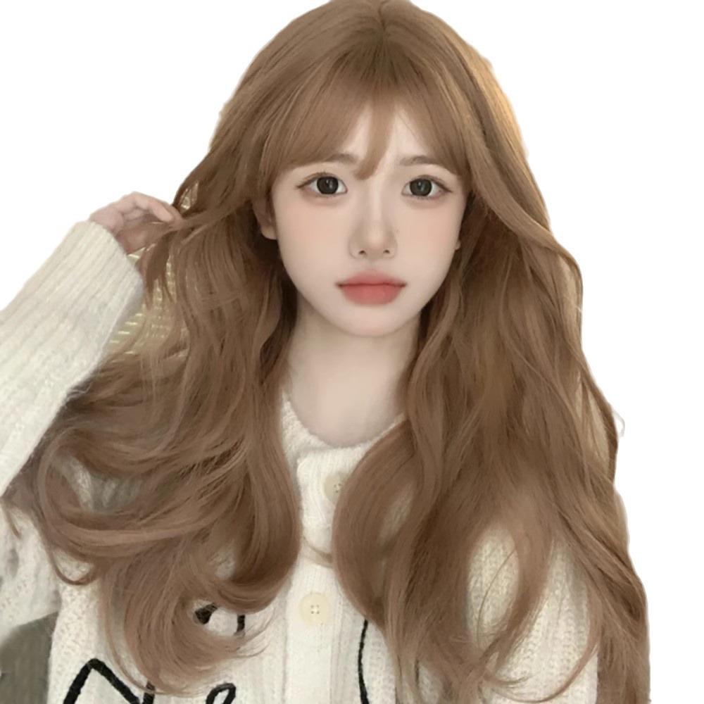 Zicen Wig, Female Long Hair, Curly Hair, Big Wave, Milk Tea Color, Slightly Curled Long Hair, Natural Fluffy, Full Head, Full Top Hair