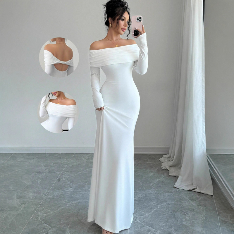 Foreign Trade Dress European and American Women's Fashion Elegant Off-Shoulder Cross Backless Tight Long Dress