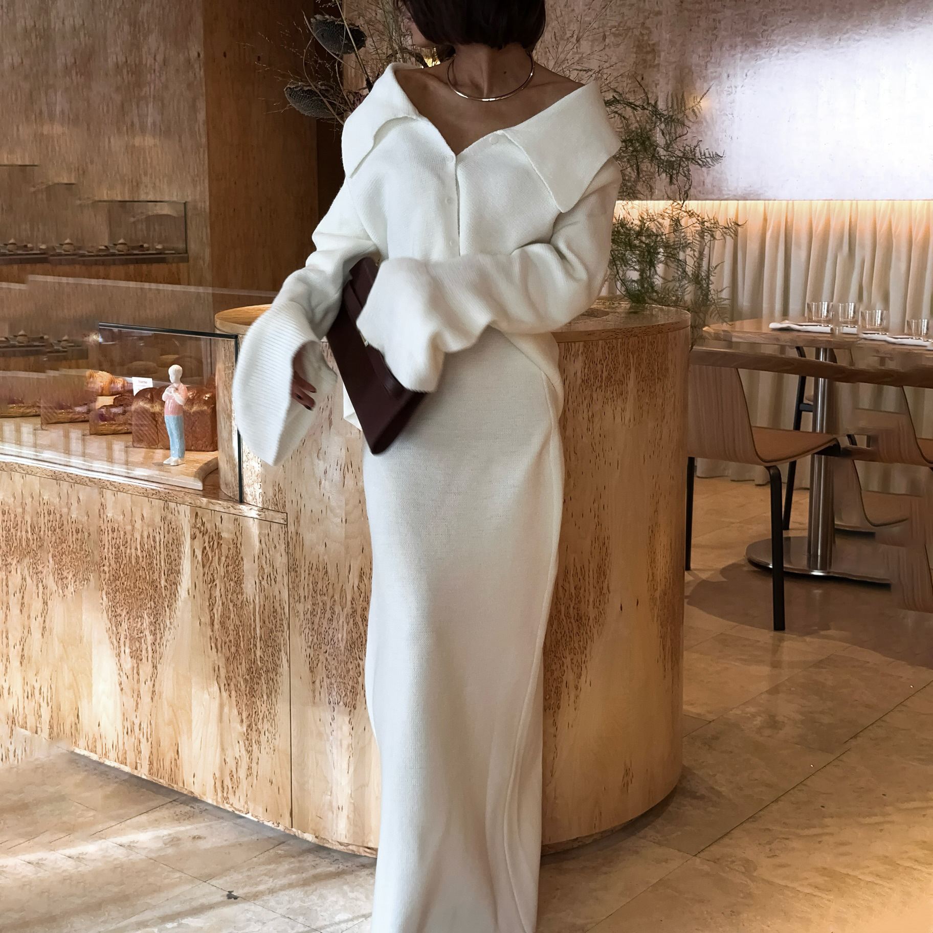 高级气质慵懒风针织两件套喇叭袖大翻领拉链衫包臀拖地长裙女简约