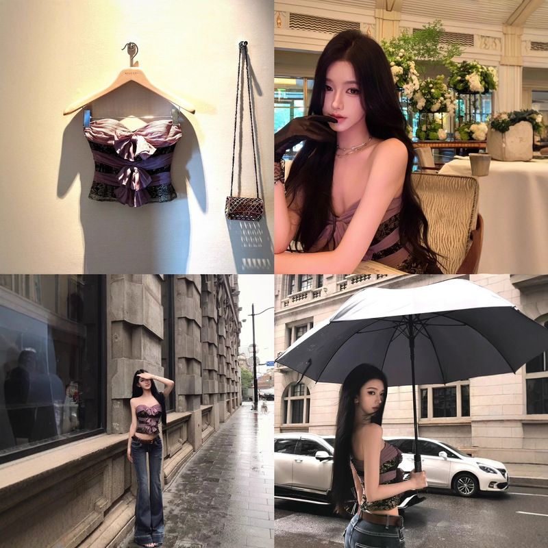 JAYKY YANG古董情书紫金色中古蕾丝抹胸女蝴蝶结拼接修身上衣|undefined