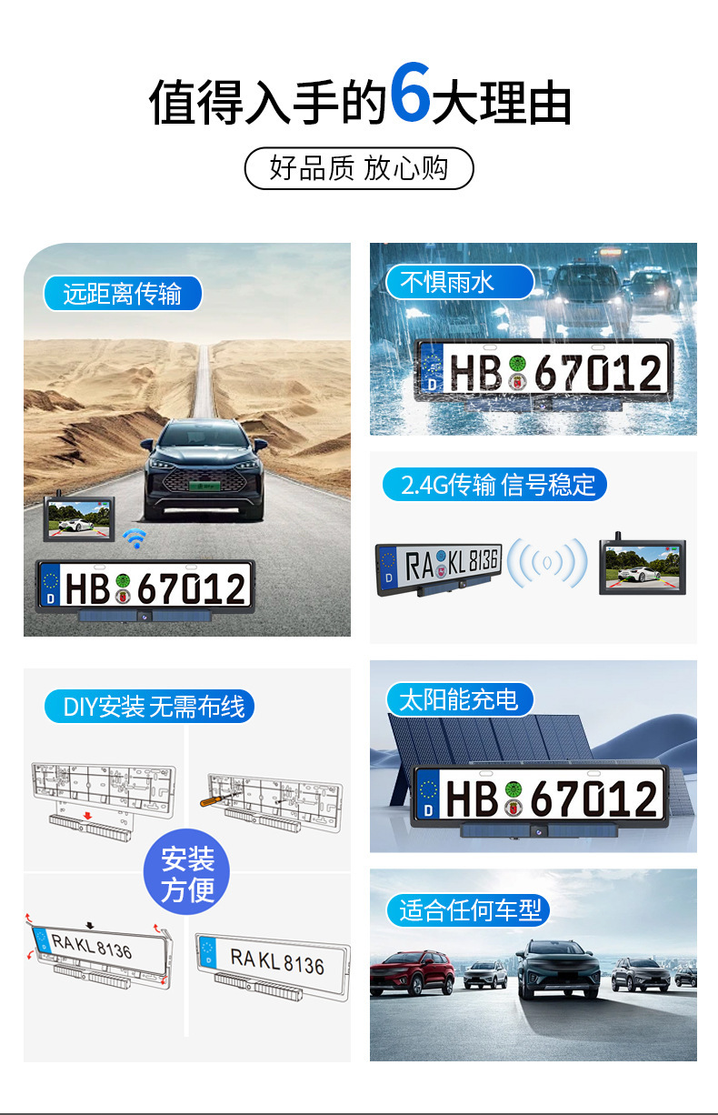 Cross-Border Wireless Solar-Powered Reversing Camera with Car Display Screen, European License Plate Frame, Car Rear View Monitoring