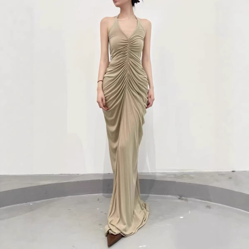Authentic Medea High-End Color-Enhancing V-Neck Halter Neck Off-Shoulder Y2K Millennium Hot Girl Pleated Slim-Fit Bodycon Dress