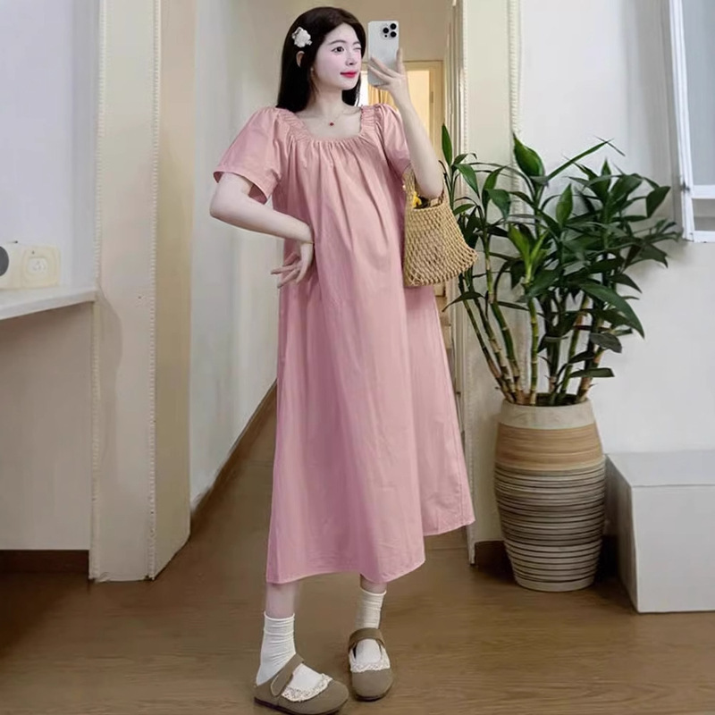 Maternity Dress Summer Style 2025 New Fashion Large Size Loose Square Collar Pink Long Dress Summer Wear for Early Pregnancy