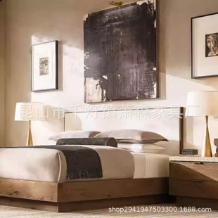 Rh American-Style Minimalist Solid Wood Double Bed King Bedroom Furniture Travertine Villa Hotel Customizable Export