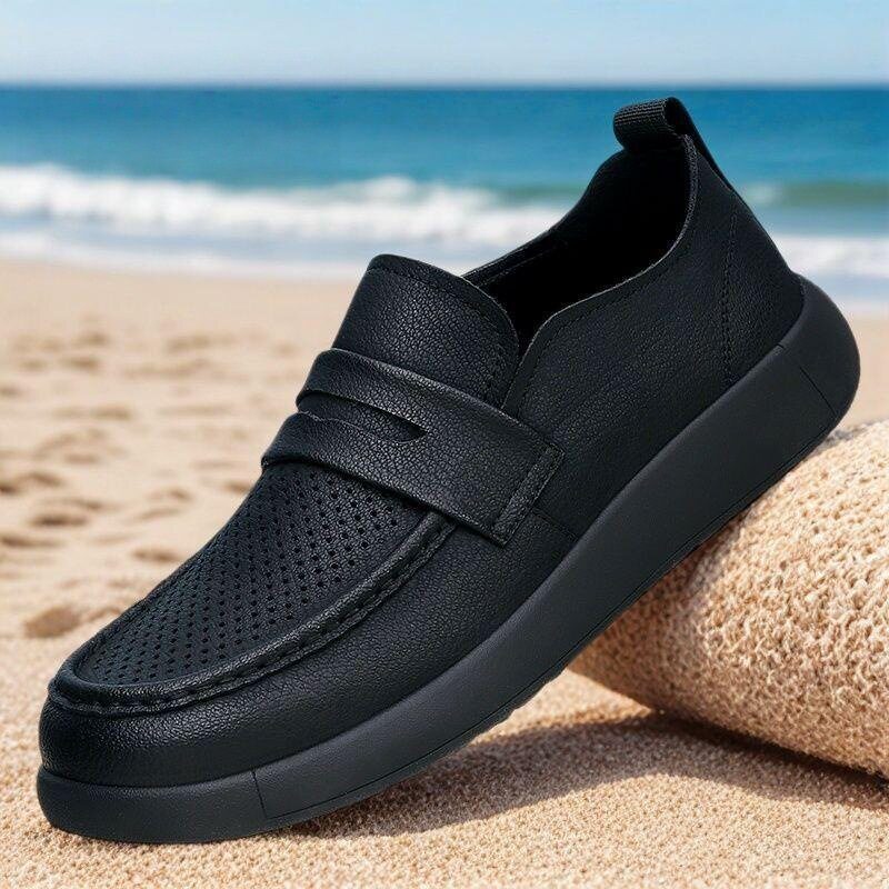 Giày lười nam mùa hè kiểu Anh, da lộn đục lỗ, đế bệt, mang êm chân — 2306 kaki rỗng, 2306 rỗng màu đen chi tiết 3