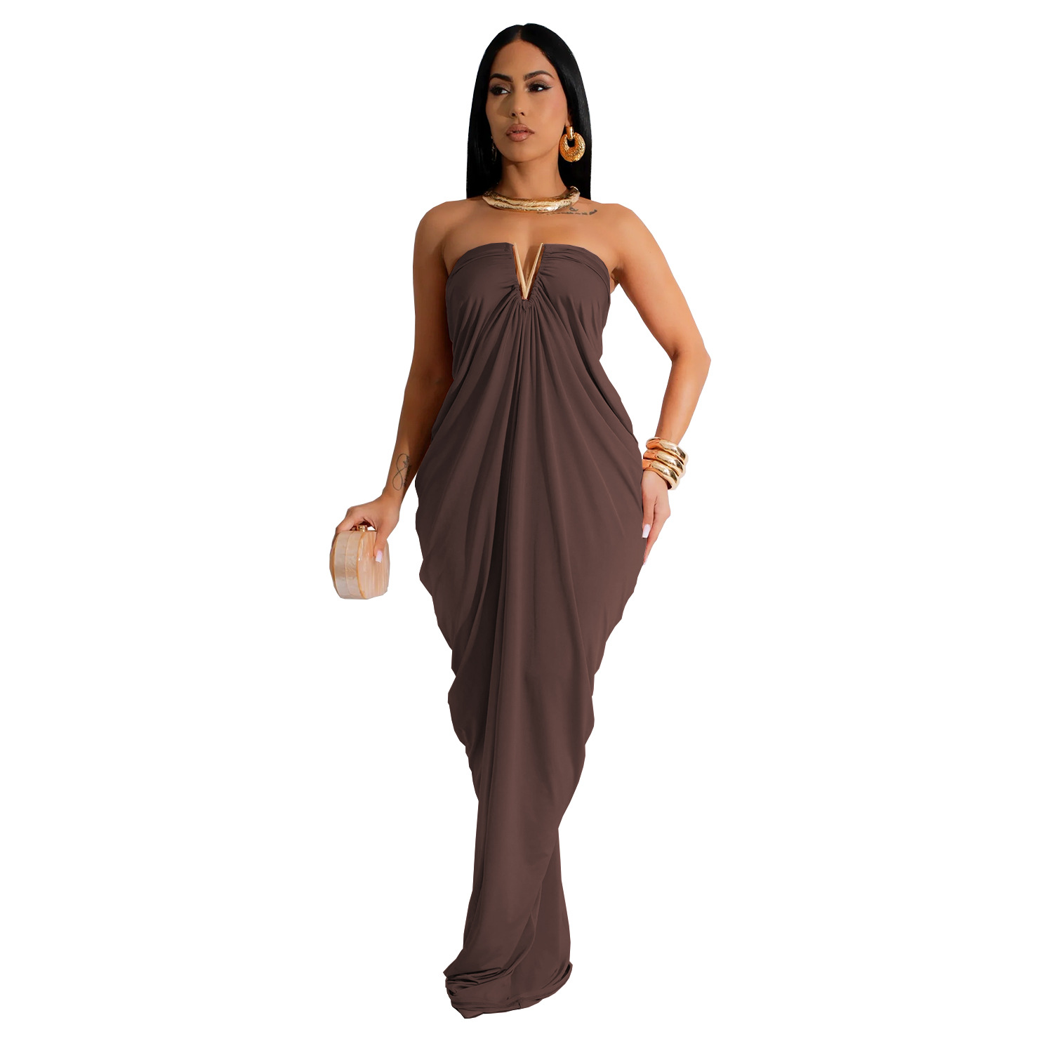 C7135 Aliexpress transfronterizo Amazon Europa y América de moda de mujer color sólido sexy vestido delgado vestido de cuello en v nuevo image 7