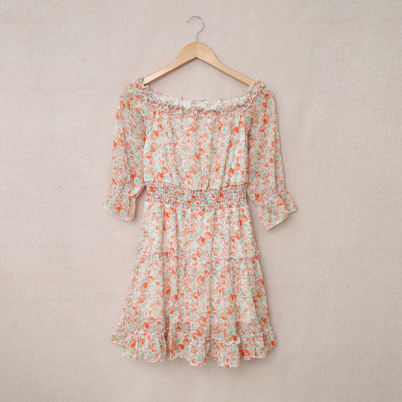 时颖外贸跨境一字肩连衣裙秋亚马逊新款碎花高腰荷叶边甜美蛋糕裙