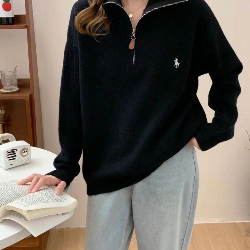 韩系小马刺绣半拉链翻领套头毛衣女秋冬季新款宽松百搭针织衫上衣|undefined