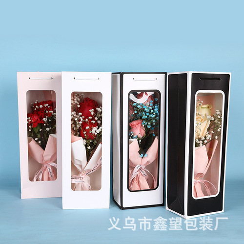 New Style Display Red Wine Bag with Window, Transparent Handle Gift Bag, Rectangle Flower Bouquet Packaging Bag, Handover Gift Bag