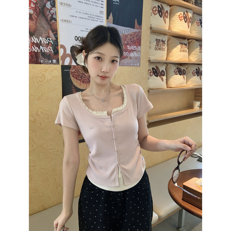 plus size Summer New Pure Sweet and Spicy Short-sleeved Fake Two-piece Lace Tight Waist Slimming Curved Top