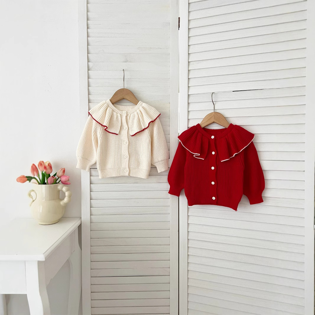 Autumn/Winter Infant Knitted Cardigan for Baby Girls with Large Collar, College Style Sweater Jacket Knitted Top