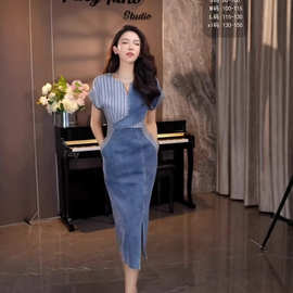 欧货2025新款 修身设计感假两件拼接收腰气质显瘦女装牛仔连衣裙