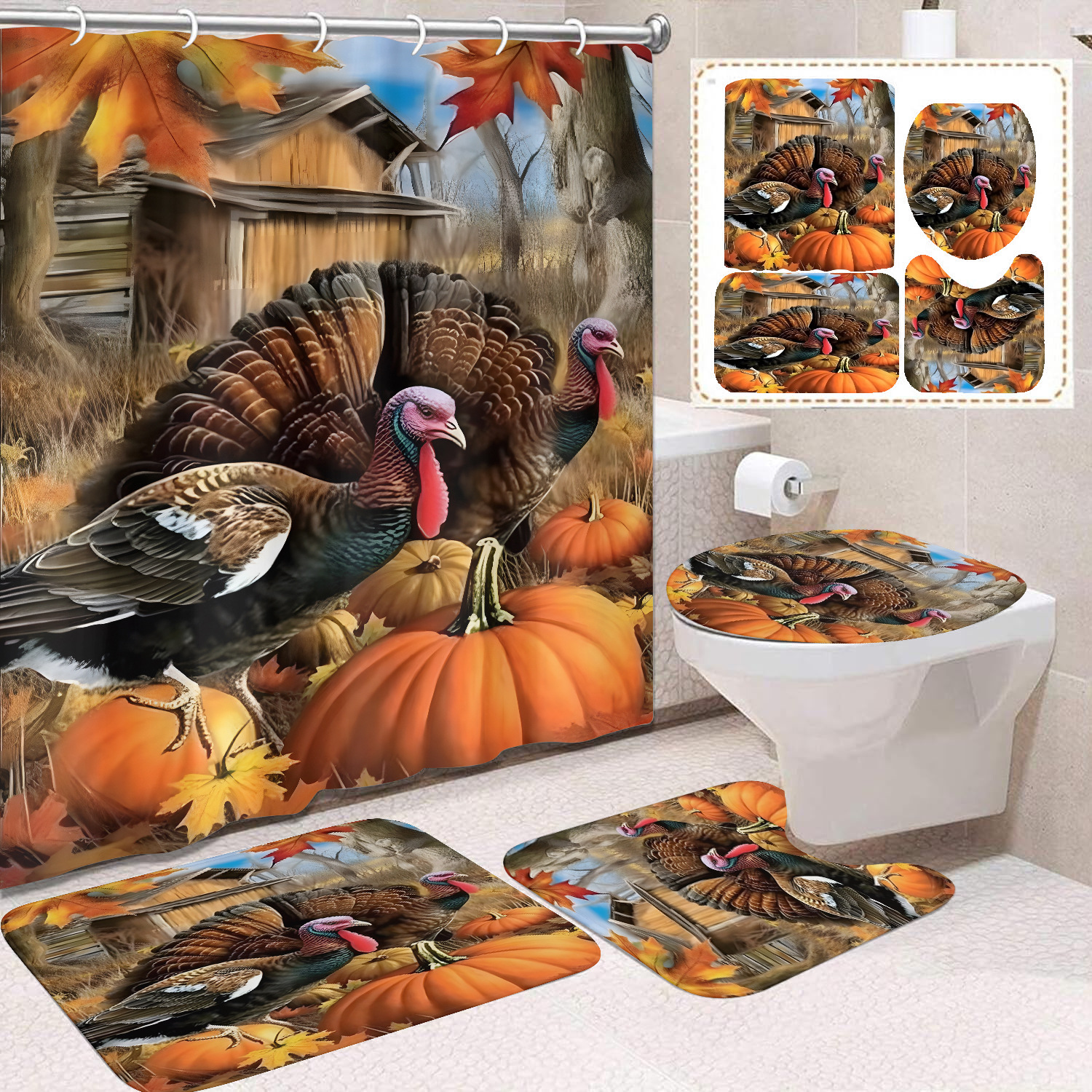 Cortina de ducha de Acción de Gracias, cosecha de otoño, serie de calabaza, cortina de ducha, cortina de baño, cortina de baño impermeable de poliéster, cortina de baño de cuatro piezas image 8