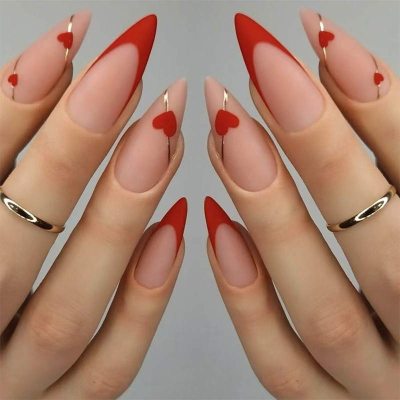 Cross-Border Wearable Nails, Medium-Length Almond Nails, Red French Love Gold Edge High-End Manicure Nail Patches, Fake Nails